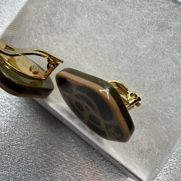 CHANEL Olive Green and Beige Camellia Earrings